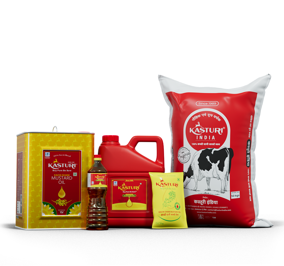 Kasturi India Kachi Ghani mustard oil range: gold tin, red jerry can, PET bottle, pouch and 50 KG Sarson Khal cake bag