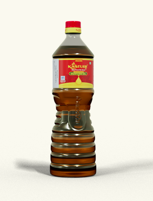 Kasturi India 1 L PET bottle of Kachi Ghani mustard oil, the everyday kitchen pack