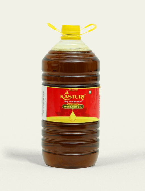Kasturi India PET jar of Kachi Ghani mustard oil in 2 L and 5 L easy-pour sizes