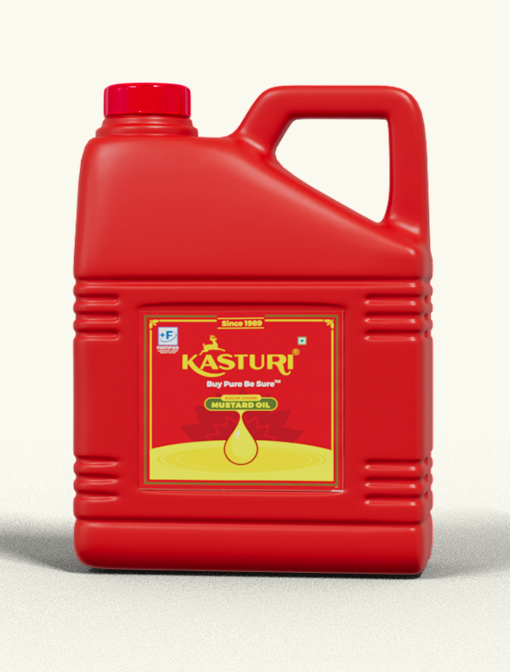 Kasturi India 15 L HDPE jerry can of Kachi Ghani mustard oil for bulk and commercial kitchens