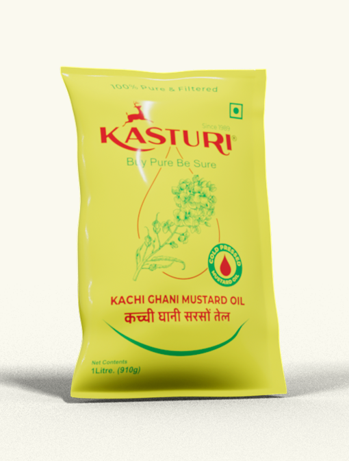 Kasturi India yellow pouch of Kachi Ghani mustard oil, sold in 35 ML, 500 ML and 1 L sizes
