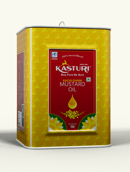 Kasturi India 15 L Tata-sheet tin of Kachi Ghani mustard oil for all-day kitchens